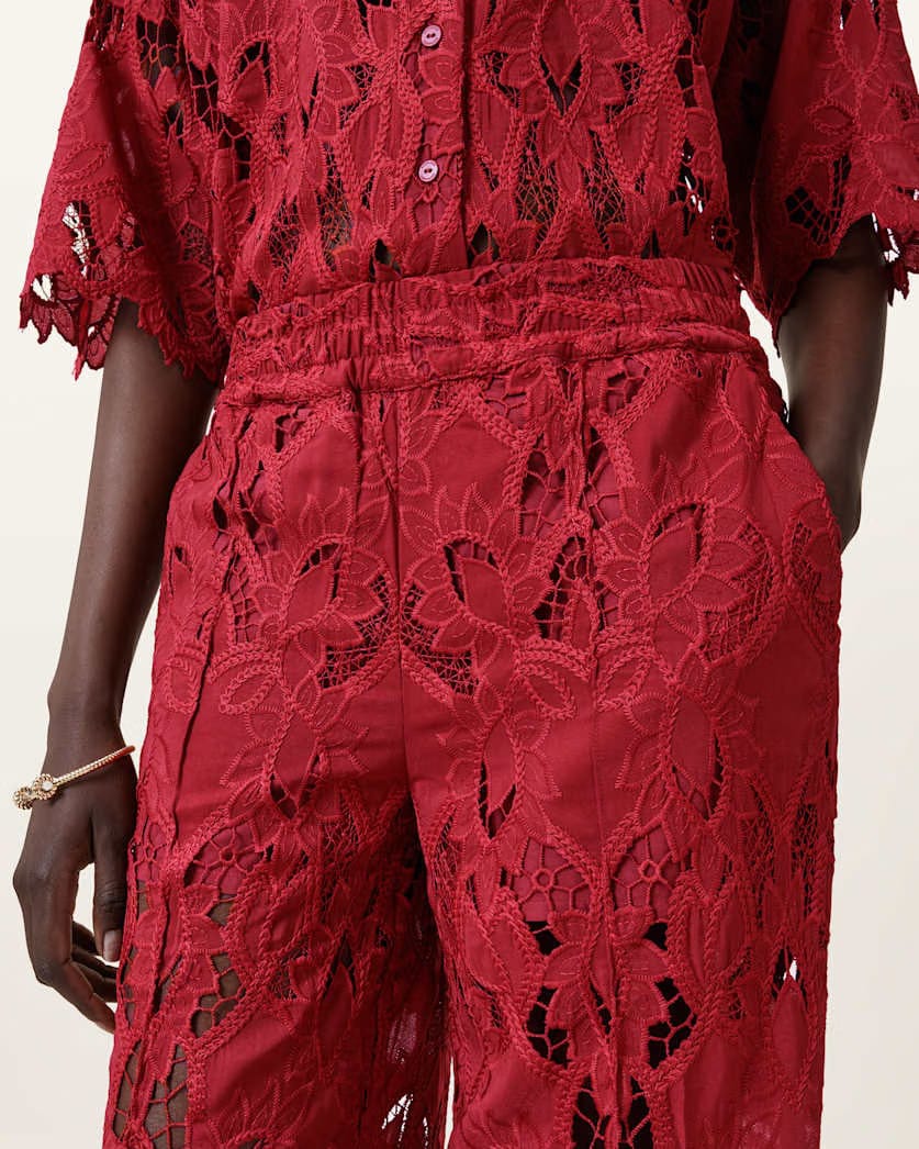 AllSaints Charli Embroidered Straight Fit Pants Women's Burnt Brick Red Women's