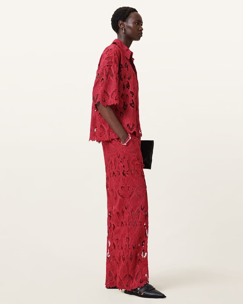AllSaints Charli Embroidered Straight Fit Pants Women's Burnt Brick Red Women's
