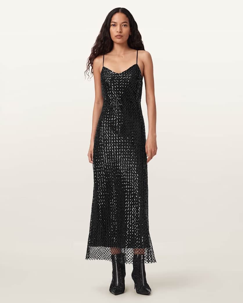 AllSaints Chantelle Sequin Midi Slip Dress Women's Black Women's