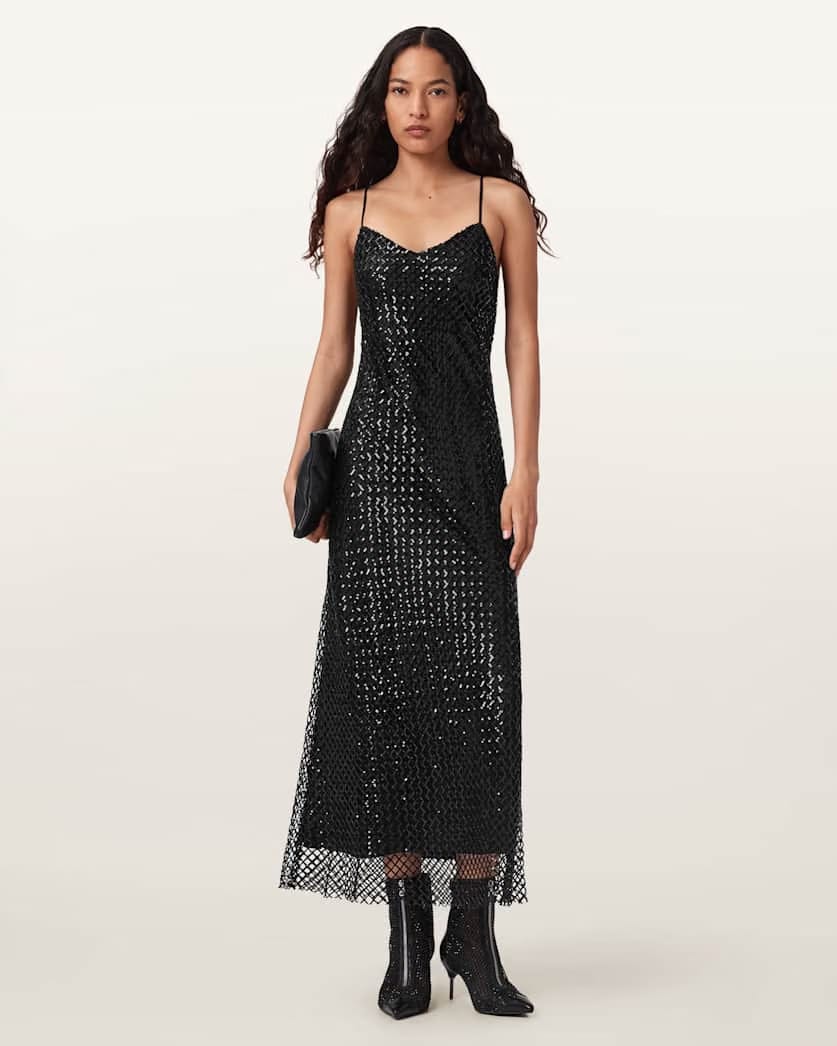 AllSaints Chantelle Sequin Midi Slip Dress Women's Black Women's