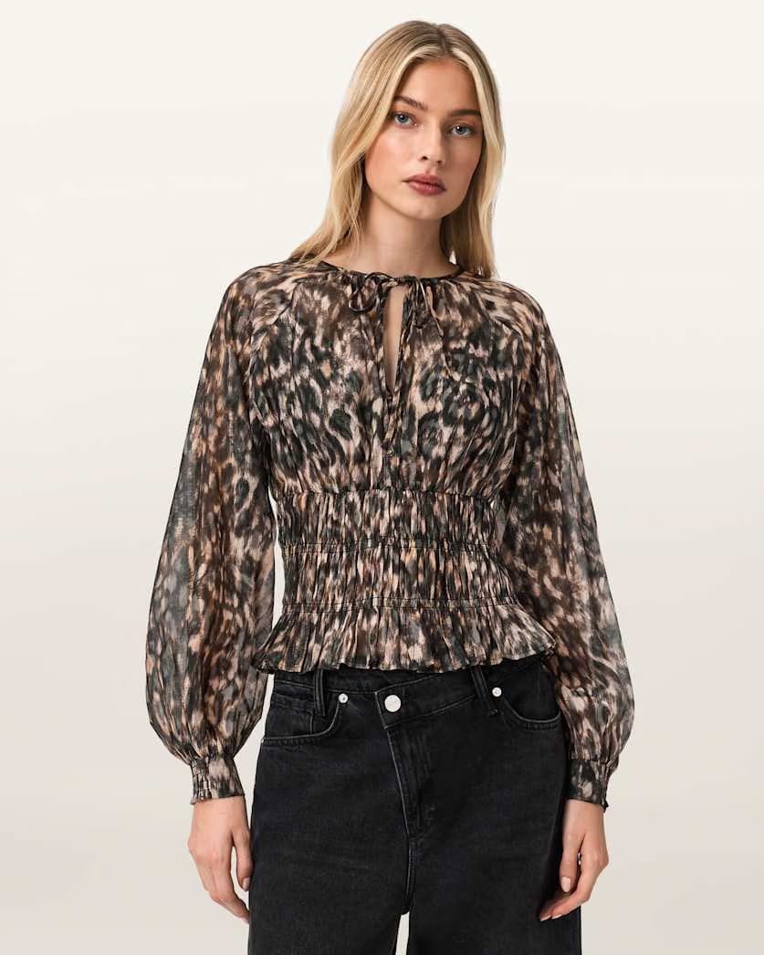 AllSaints Cern Animal Print Shirred Top Women's Prowl Golden Brown Women's