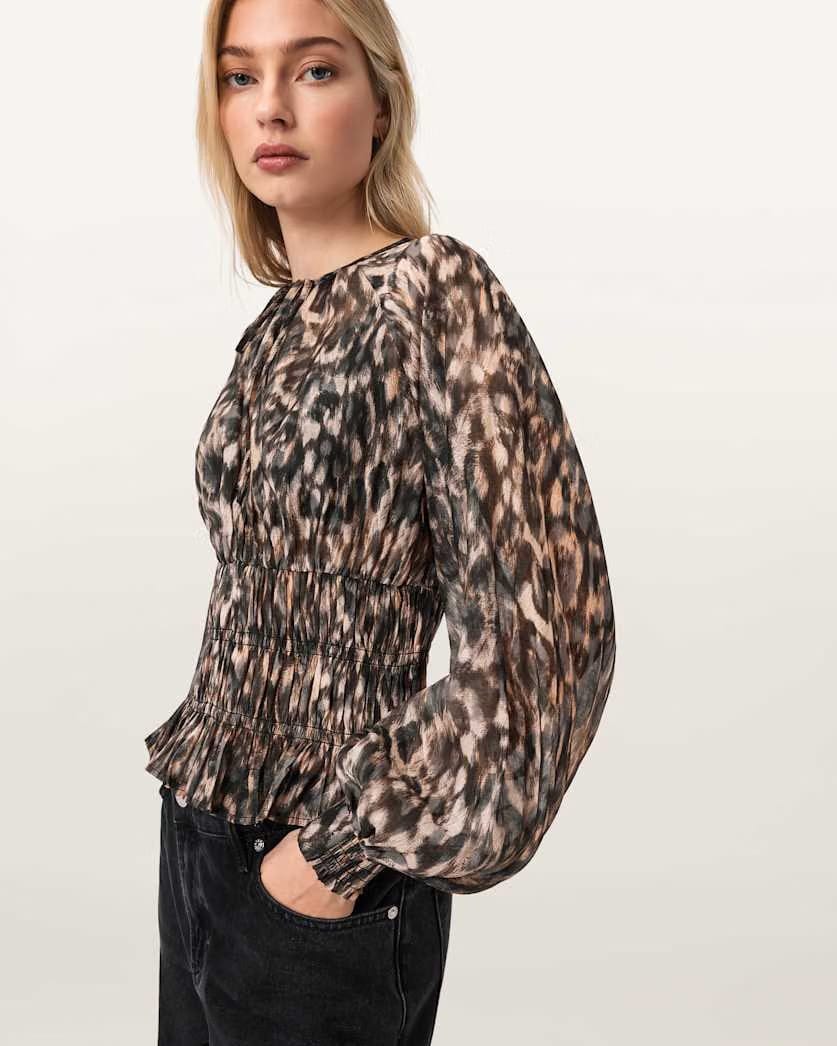 AllSaints Cern Animal Print Shirred Top Women's Prowl Golden Brown Women's