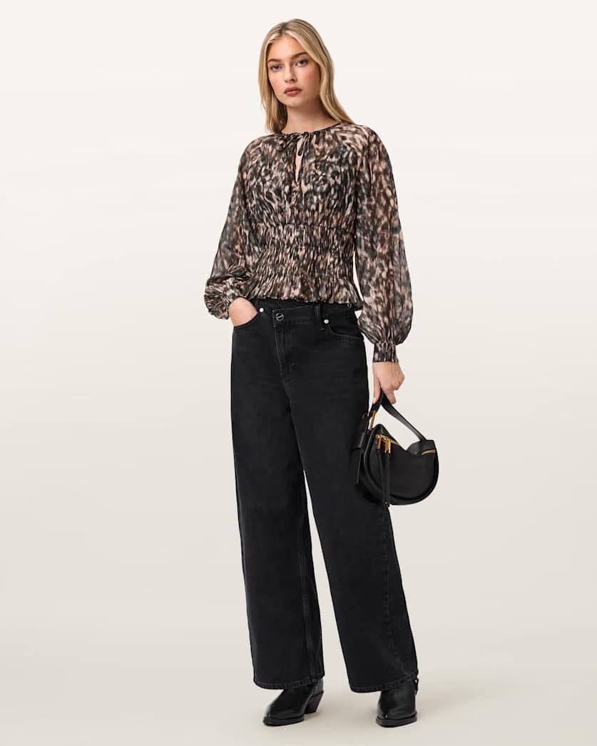 AllSaints Cern Animal Print Shirred Top Women's Prowl Golden Brown Women's