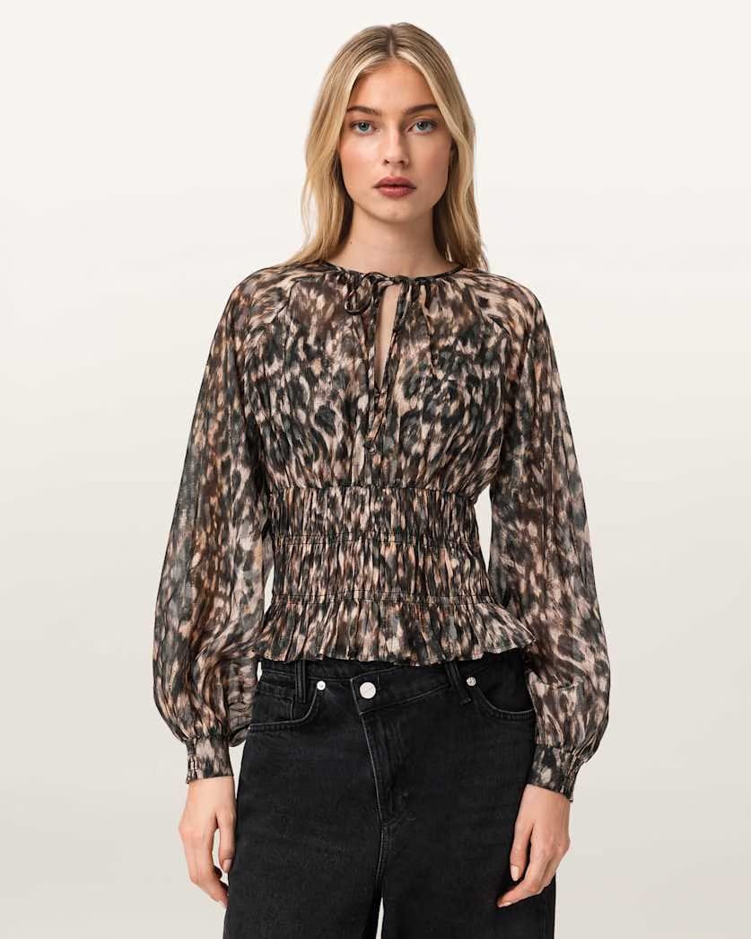 AllSaints Cern Animal Print Shirred Top Women's Prowl Golden Brown Women's