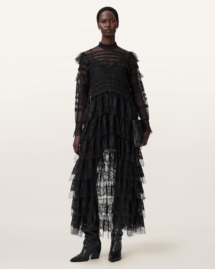 AllSaints Cavarly Tiered Lace Maxi Dress Women's Lace Black Women's