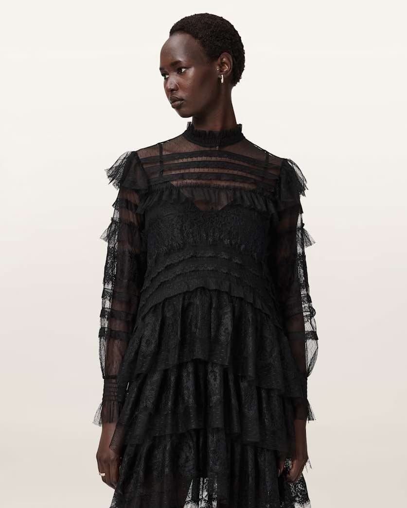 AllSaints Cavarly Tiered Lace Maxi Dress Women's Lace Black Women's