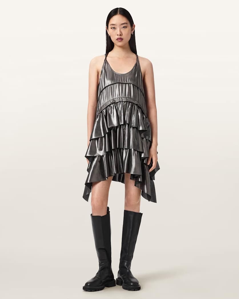 AllSaints Cavarly Metallic Mini Dress Women's Metallic Silver Women's