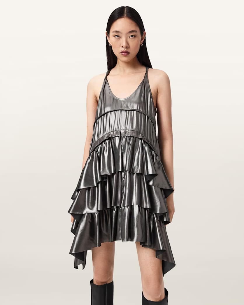 AllSaints Cavarly Metallic Mini Dress Women's Metallic Silver Women's