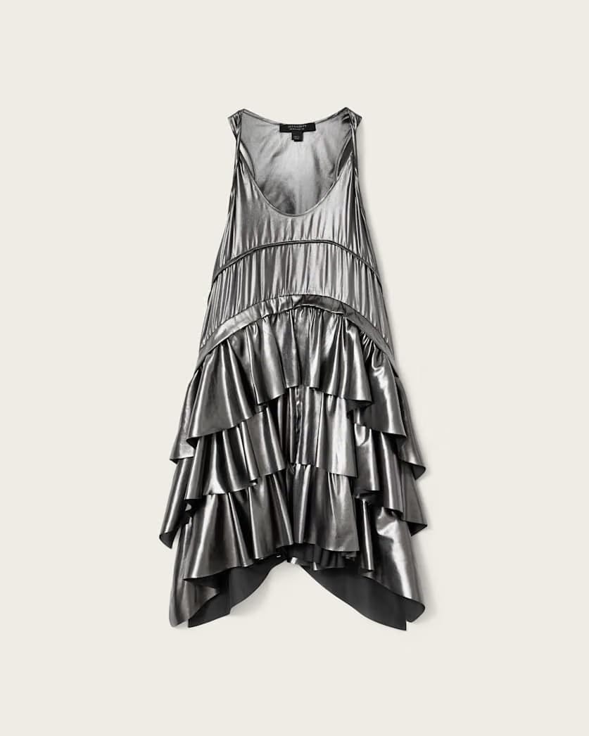 AllSaints Cavarly Metallic Mini Dress Women's Metallic Silver Women's