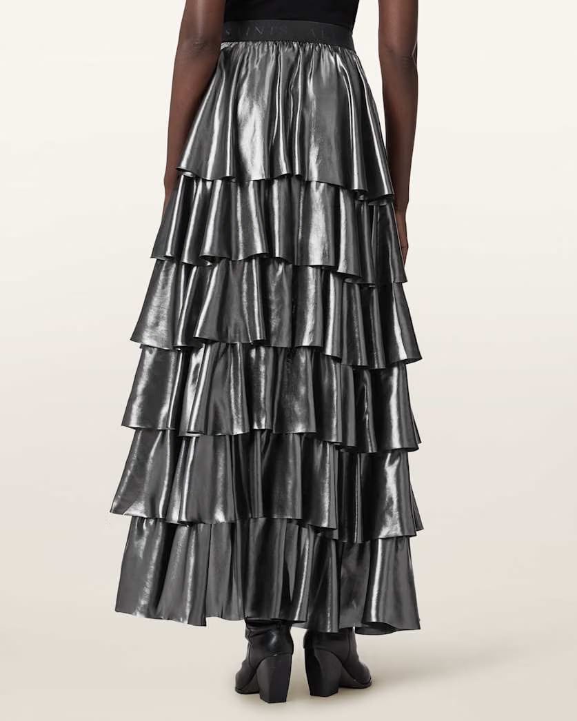AllSaints Cavarly Metallic Maxi Skirt Women's Metallic Silver Women's