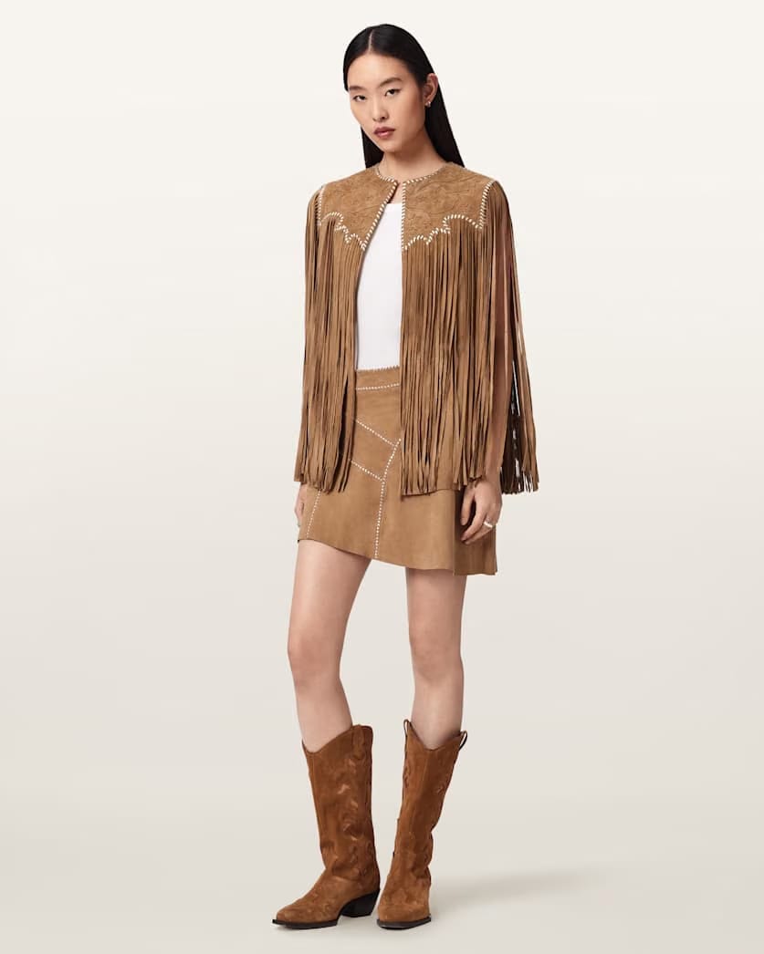 AllSaints Carter Whipstitch Suede Tassel Gilet Women's Sand Brown Women's