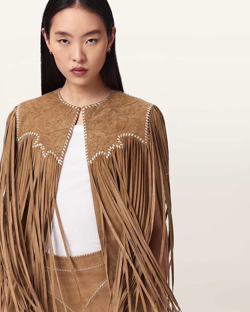 AllSaints Carter Whipstitch Suede Tassel Gilet Women's Sand Brown Women's