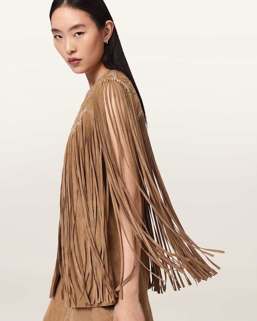 AllSaints Carter Whipstitch Suede Tassel Gilet Women's Sand Brown Women's