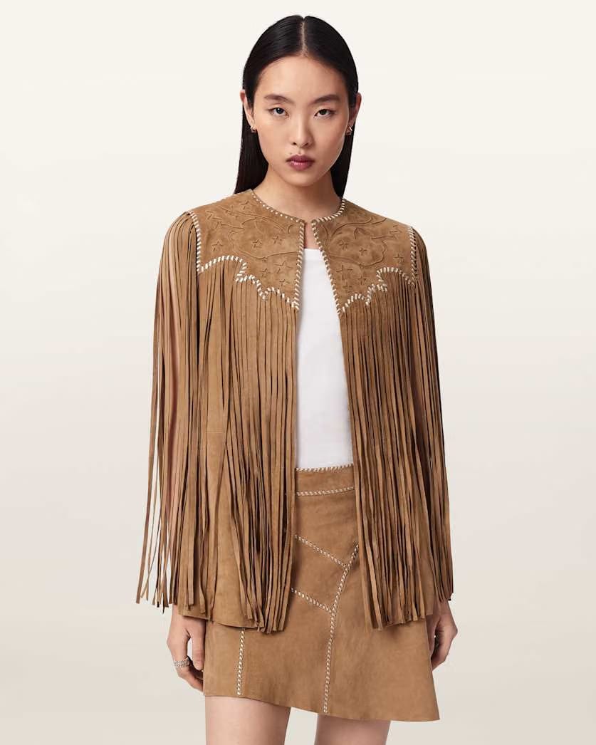 AllSaints Carter Whipstitch Suede Tassel Gilet Women's Sand Brown Women's
