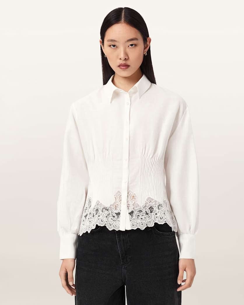 AllSaints Carol Long Sleeve Lace Trimmed Shirt Women's White Women's