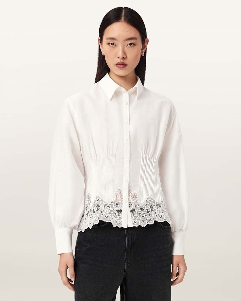 AllSaints Carol Long Sleeve Lace Trimmed Shirt Women's White Women's