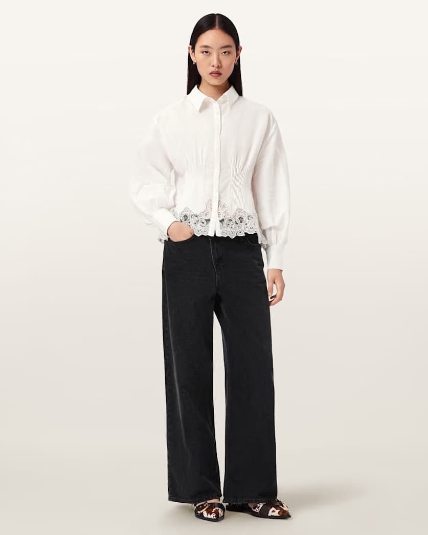 AllSaints Carol Long Sleeve Lace Trimmed Shirt Women's White Women's
