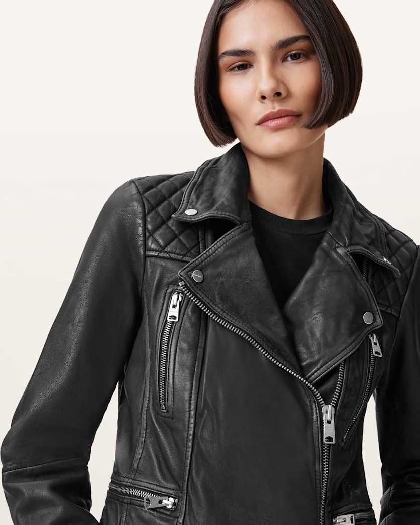 AllSaints Cargo Distressed Leather Biker Jacket Women's Black/Grey Women's