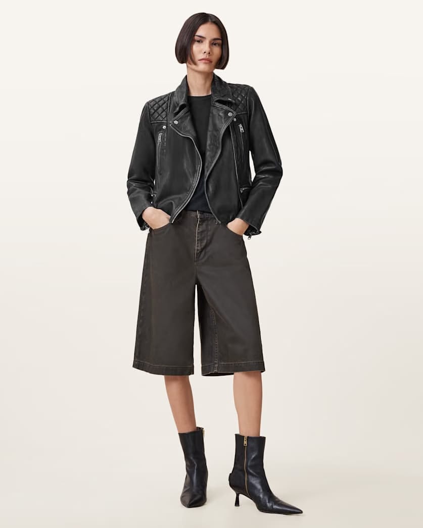 AllSaints Cargo Distressed Leather Biker Jacket Women's Black/Grey Women's