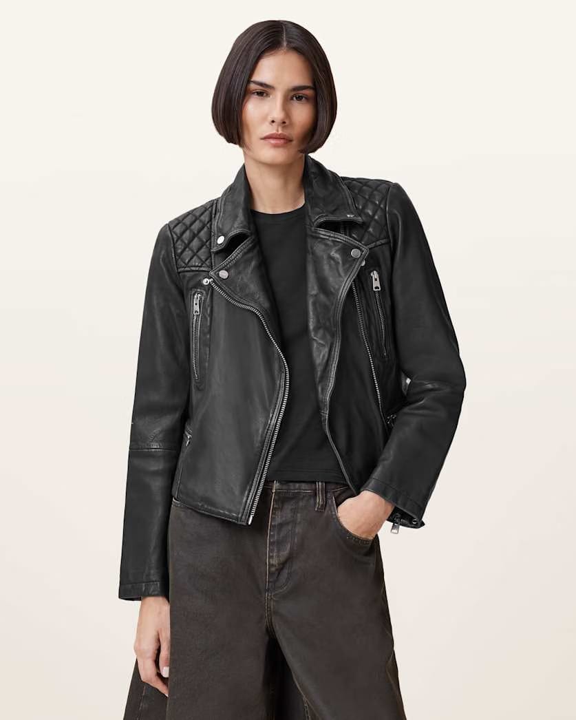 AllSaints Cargo Distressed Leather Biker Jacket Women's Black/Grey Women's