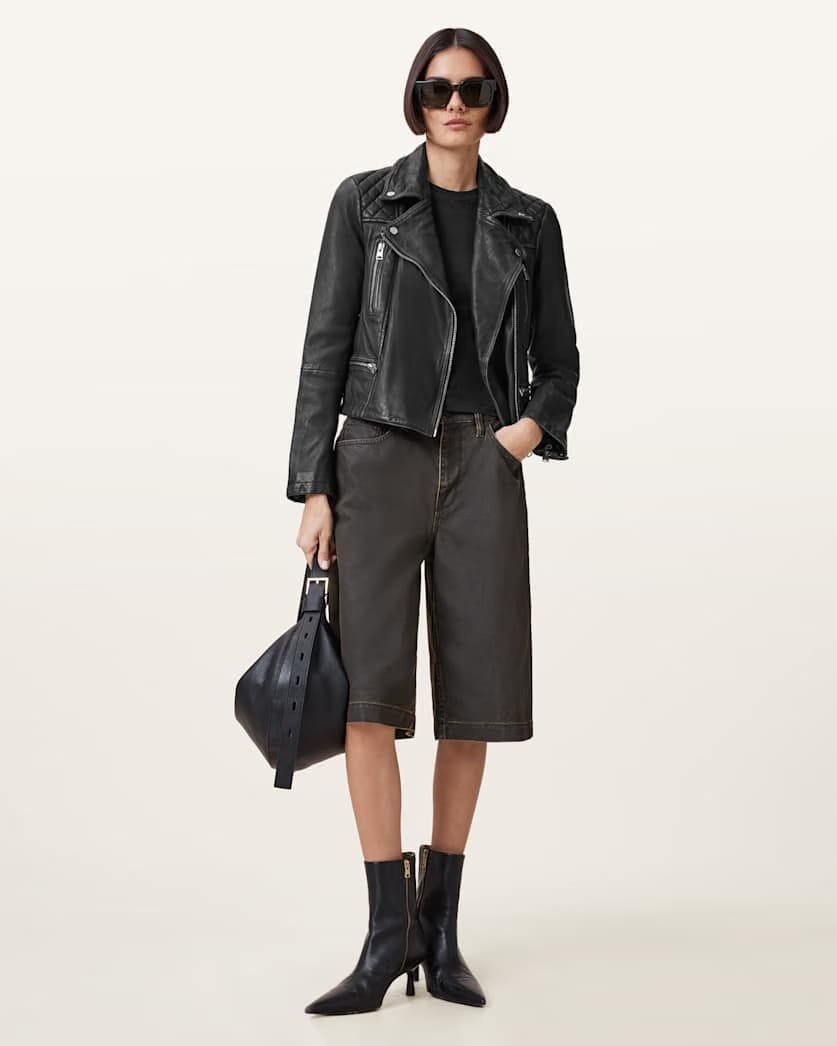AllSaints Cargo Distressed Leather Biker Jacket Women's Black/Grey Women's