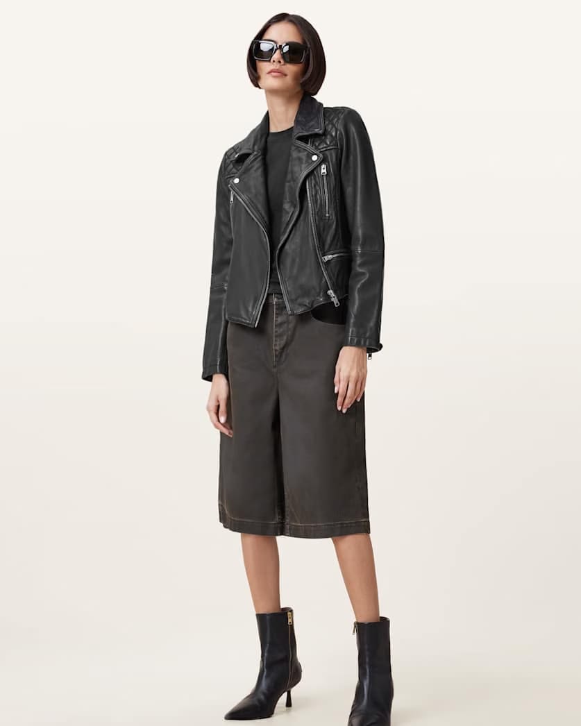 AllSaints Cargo Distressed Leather Biker Jacket Women's Black/Grey Women's
