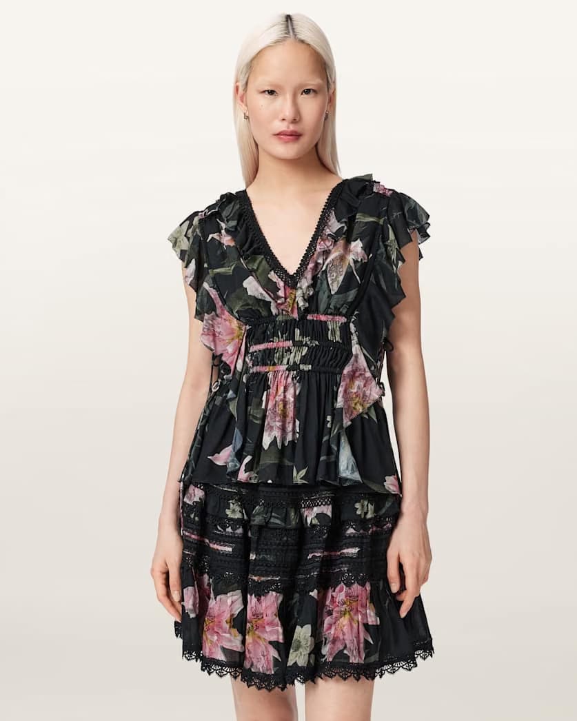 AllSaints Canto Printed Ruffle Tiered Top Women's Crystal/Black Women's