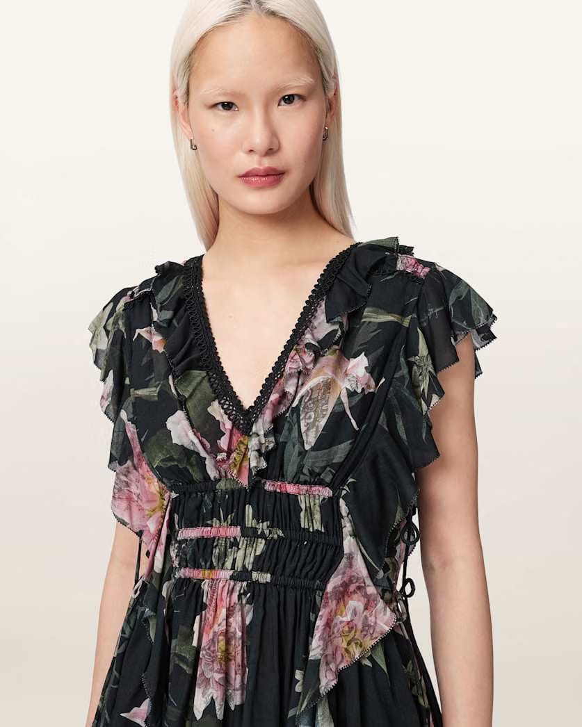 AllSaints Canto Printed Ruffle Tiered Top Women's Crystal/Black Women's