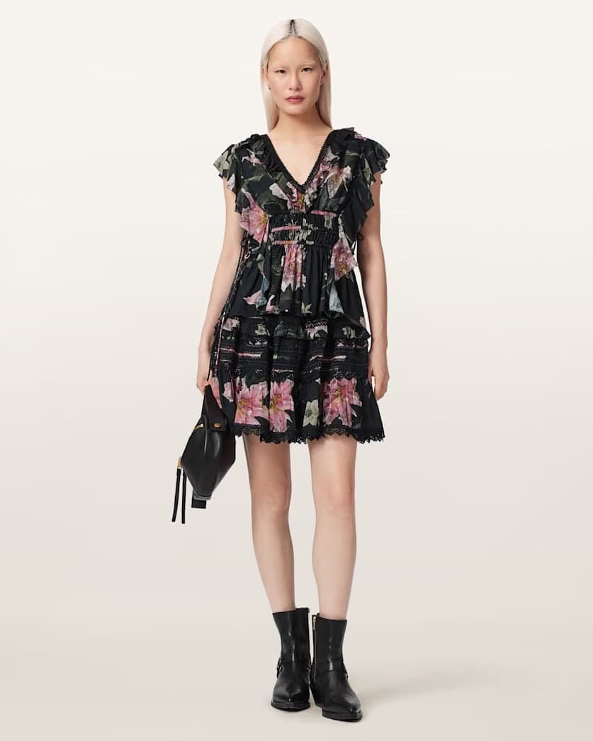 AllSaints Canto Printed Ruffle Tiered Top Women's Crystal/Black Women's