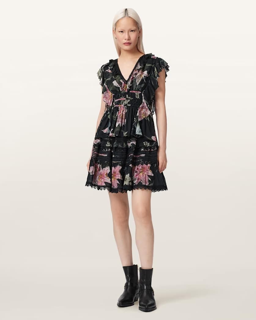 AllSaints Canto Printed Ruffle Tiered Top Women's Crystal/Black Women's