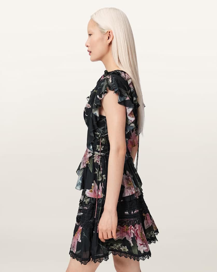 AllSaints Canto Printed Ruffle Tiered Top Women's Crystal/Black Women's