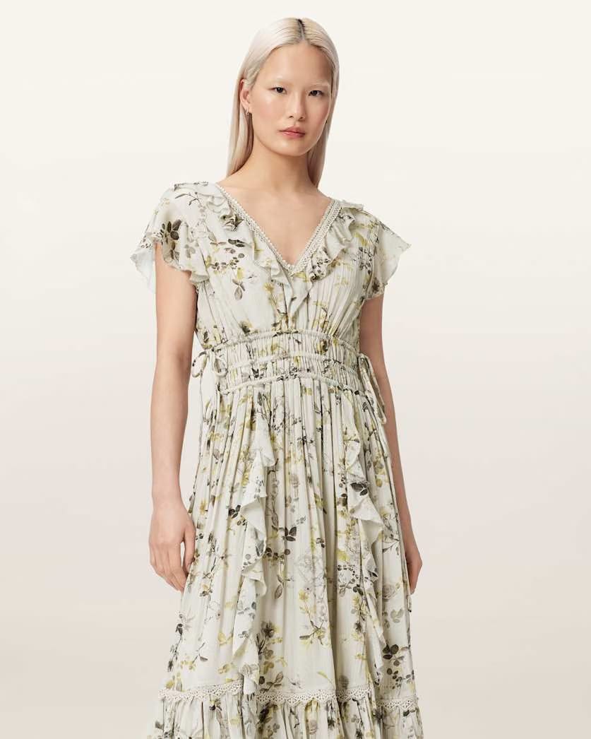 AllSaints Canto Floral Ruffled Maxi Dress Women's Carmel Stem Green Women's