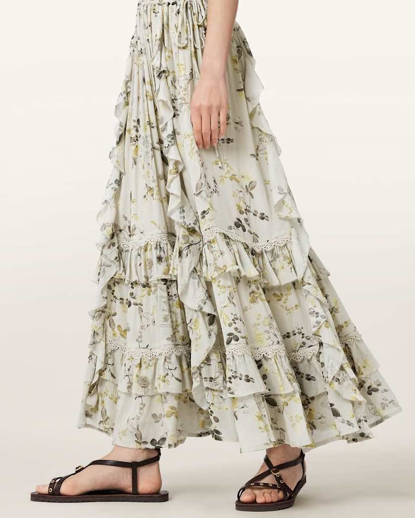 AllSaints Canto Floral Ruffled Maxi Dress Women's Carmel Stem Green Women's