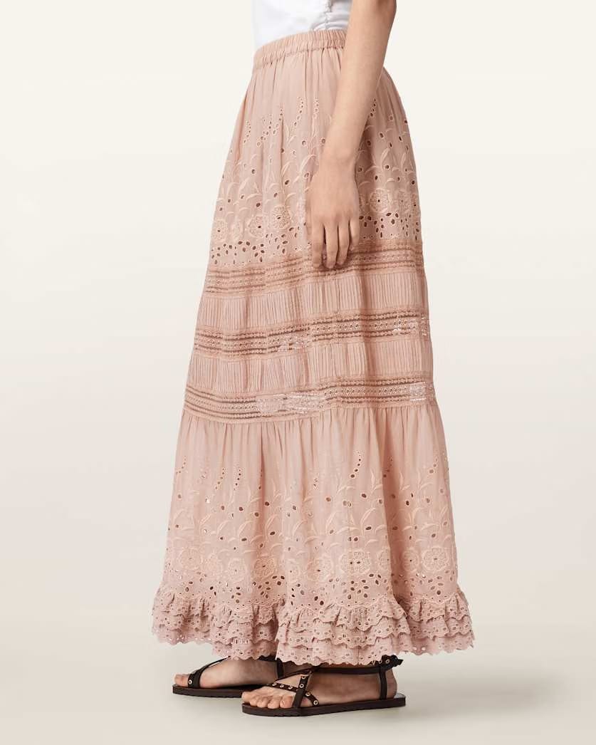 AllSaints Camille Embroidered Tiered Maxi Skirt Women's Plaster Pink Women's