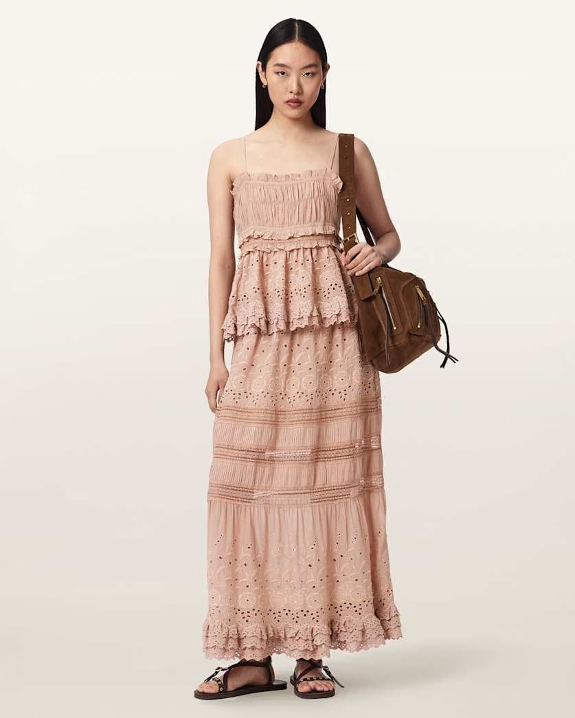 AllSaints Camille Embroidered Lace Top Women's Plaster Pink Women's