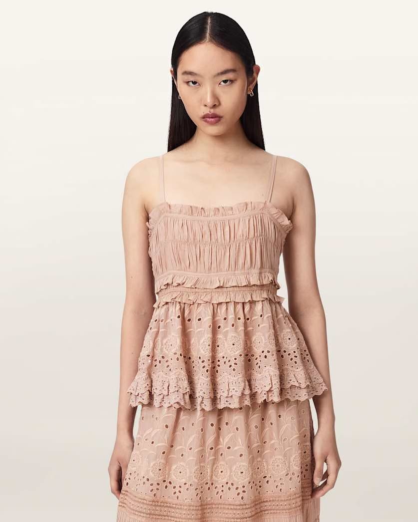 AllSaints Camille Embroidered Lace Top Women's Plaster Pink Women's