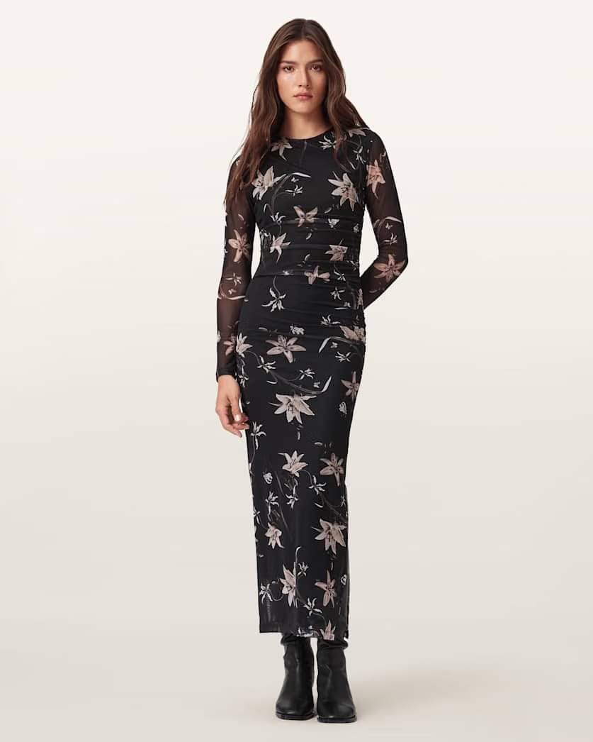AllSaints Caia Mesh Maxi Dress Women's Petra Sepia Brown Women's