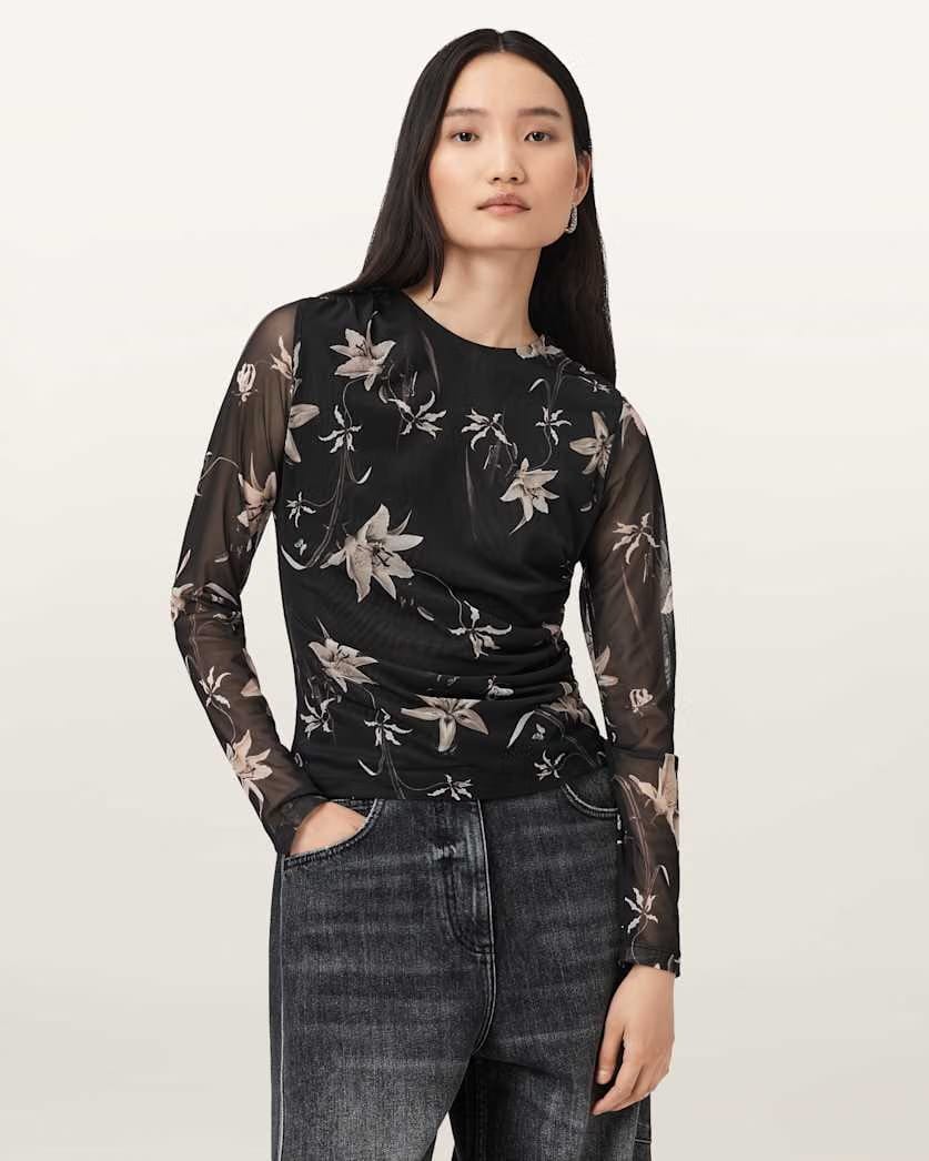 AllSaints Caia Floral Mesh Top Women's Petra Sepia Brown Women's