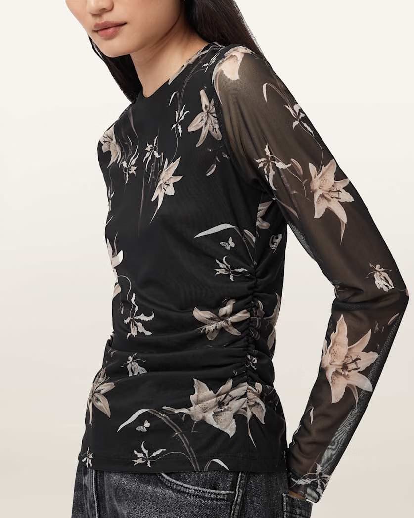 AllSaints Caia Floral Mesh Top Women's Petra Sepia Brown Women's