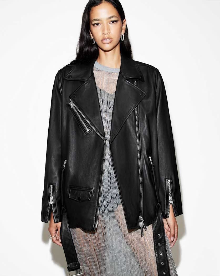 AllSaints Billie Oversized Leather Biker Jacket Women's Black Women's