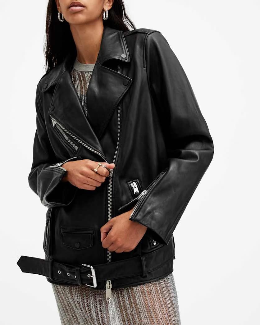 AllSaints Billie Oversized Leather Biker Jacket Women's Black Women's