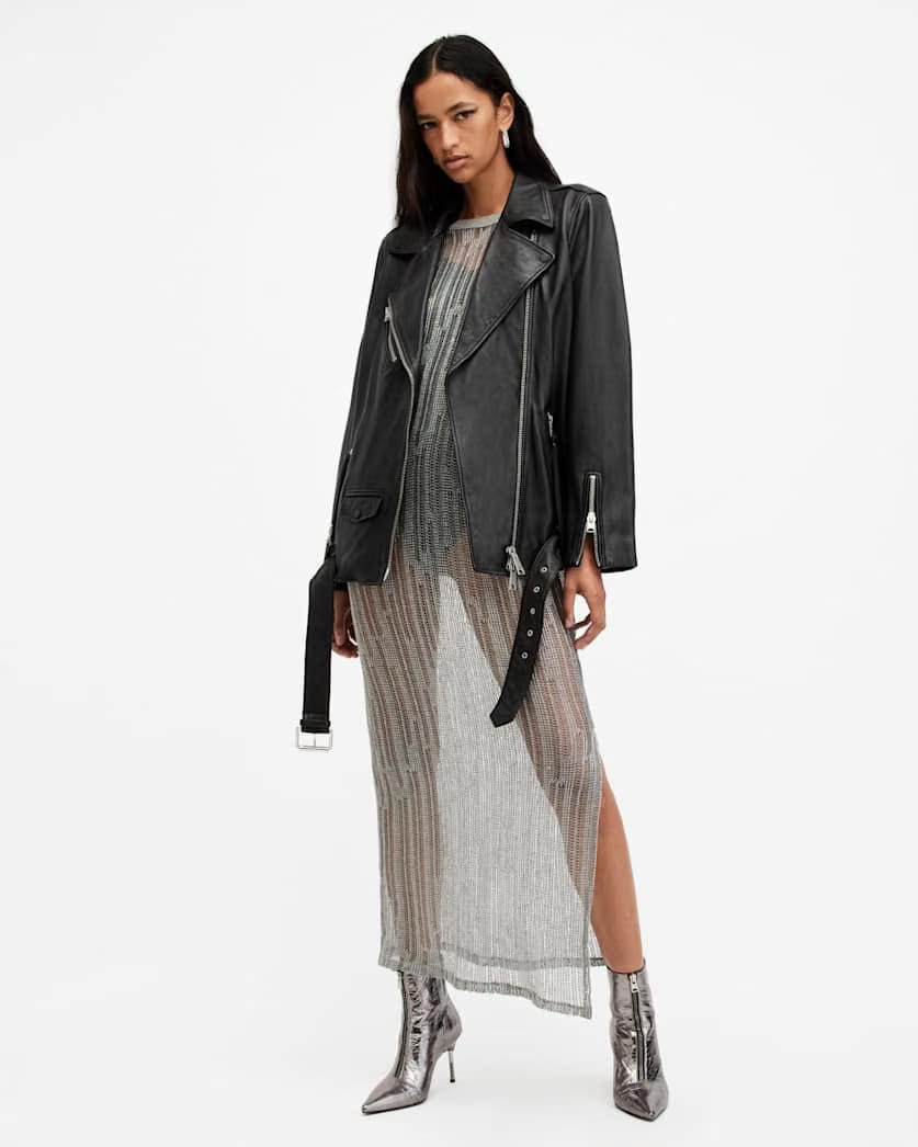 AllSaints Billie Oversized Leather Biker Jacket Women's Black Women's