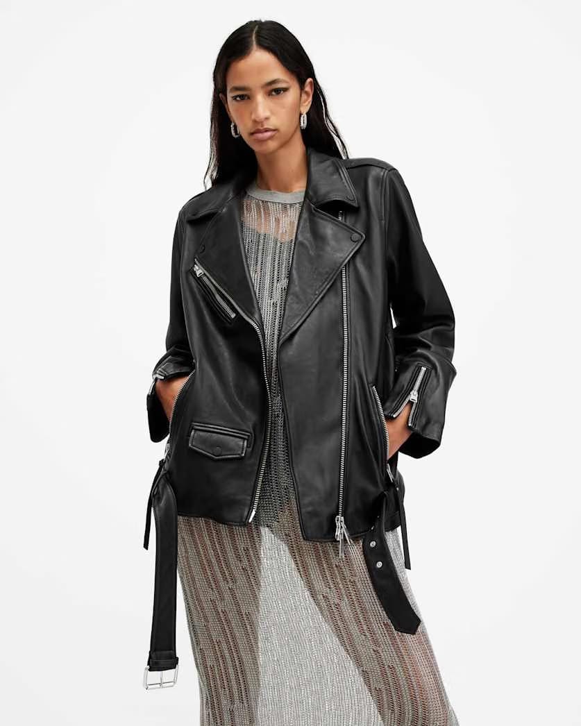 AllSaints Billie Oversized Leather Biker Jacket Women's Black Women's