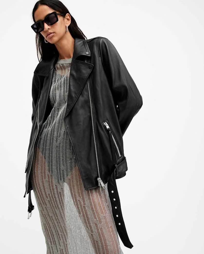 AllSaints Billie Oversized Leather Biker Jacket Women's Black Women's