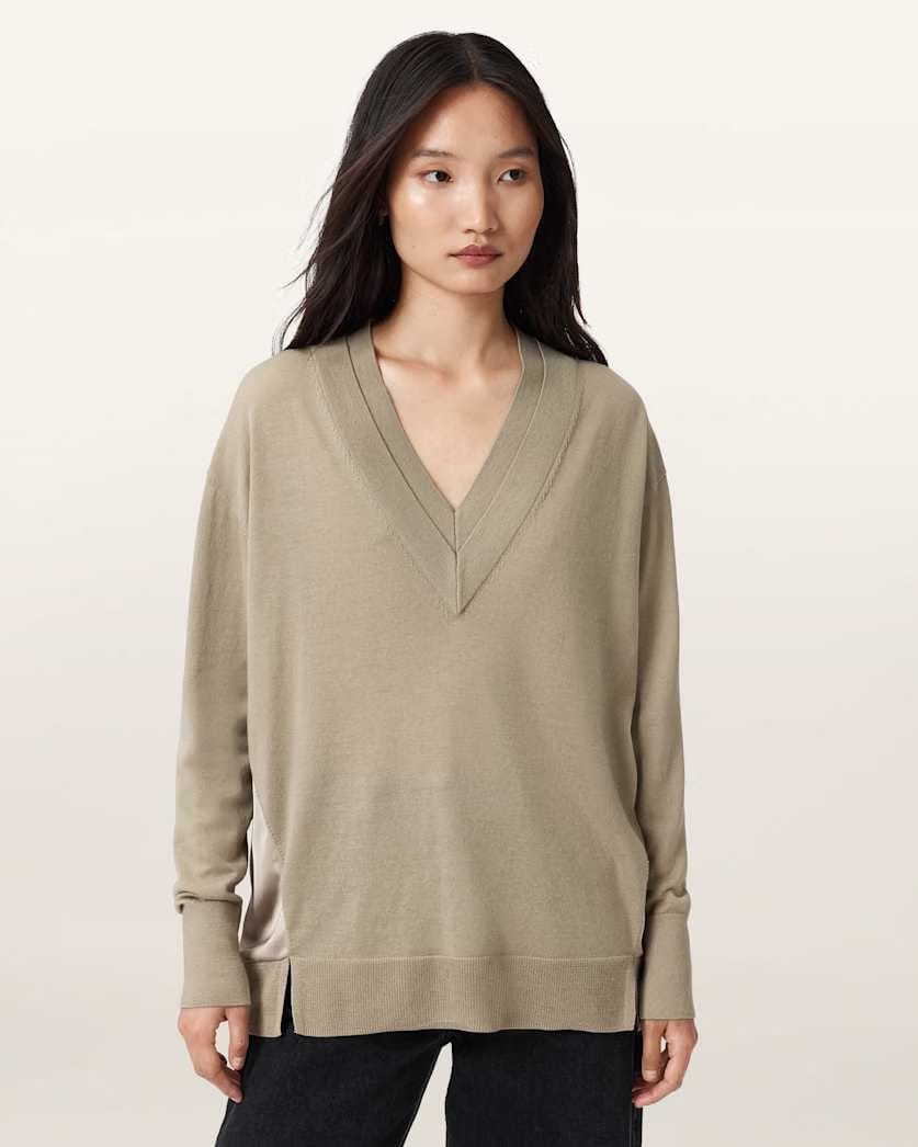 AllSaints Bern V Neck Wool Sweater Women's Taupe Grey Women's