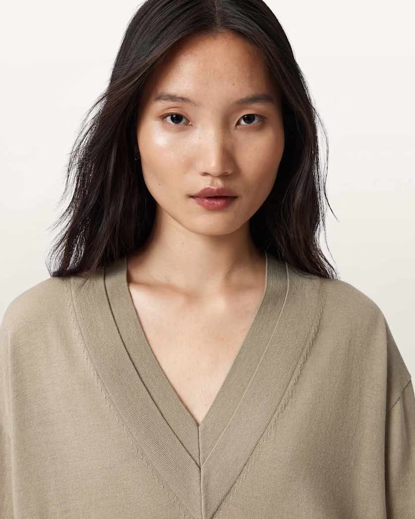 AllSaints Bern V Neck Wool Sweater Women's Taupe Grey Women's