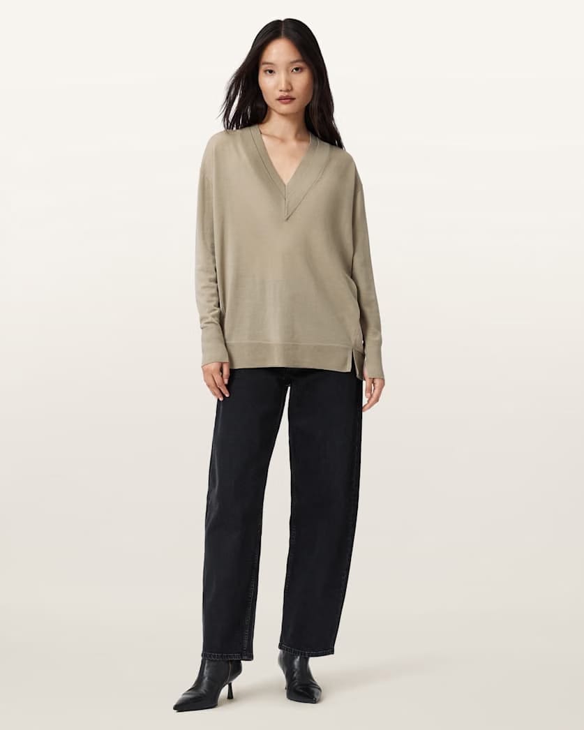 AllSaints Bern V Neck Wool Sweater Women's Taupe Grey Women's