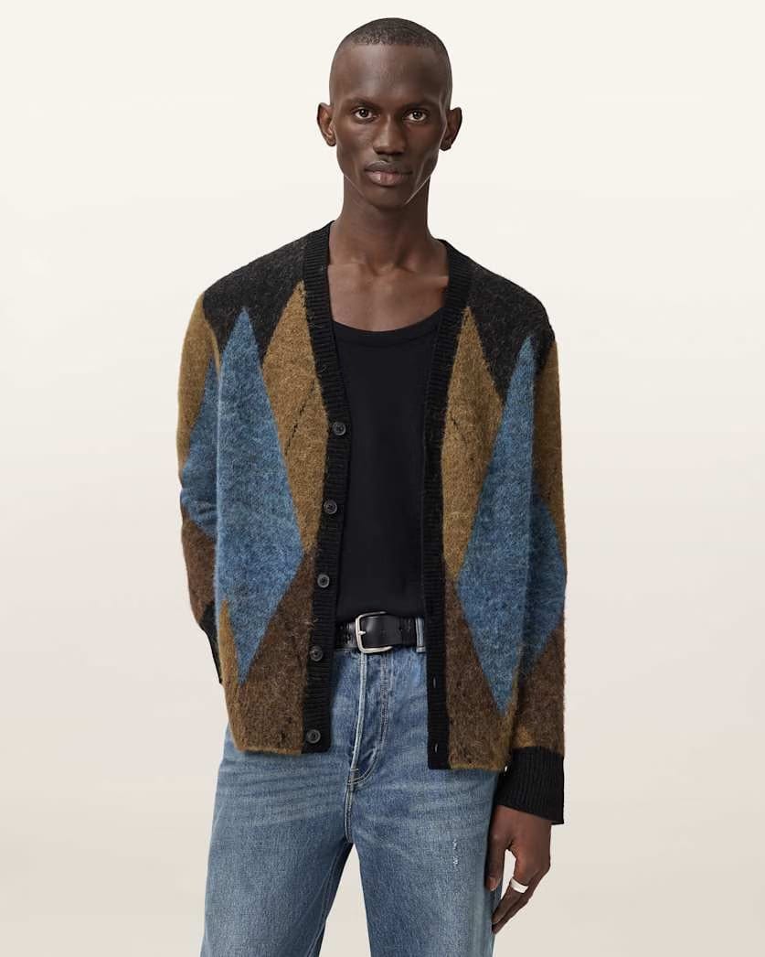 AllSaints Bernie Oversized Argyle Cardigan Cider Brown