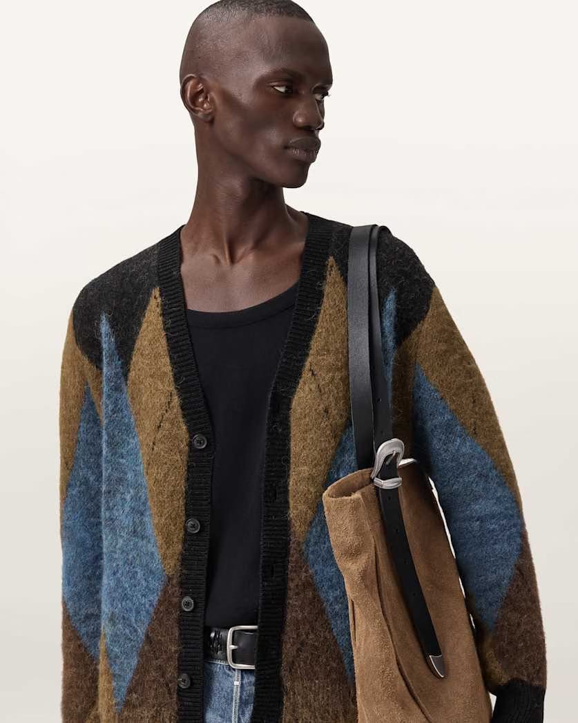 AllSaints Bernie Oversized Argyle Cardigan Cider Brown