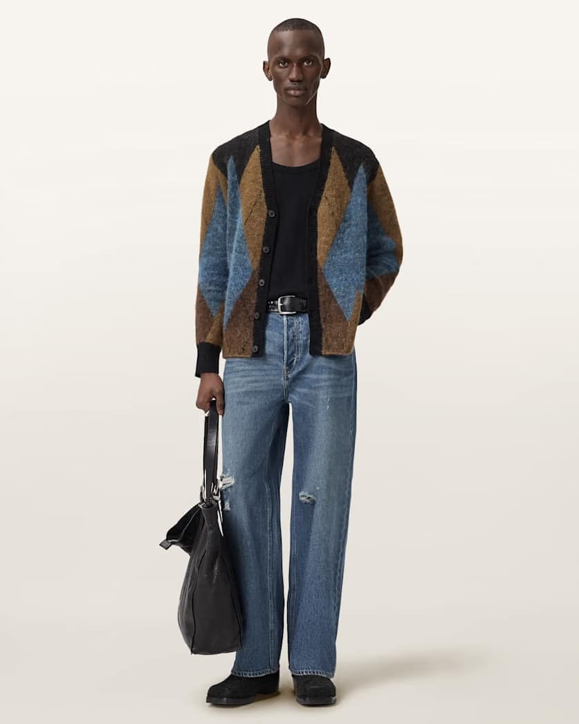 AllSaints Bernie Oversized Argyle Cardigan Cider Brown
